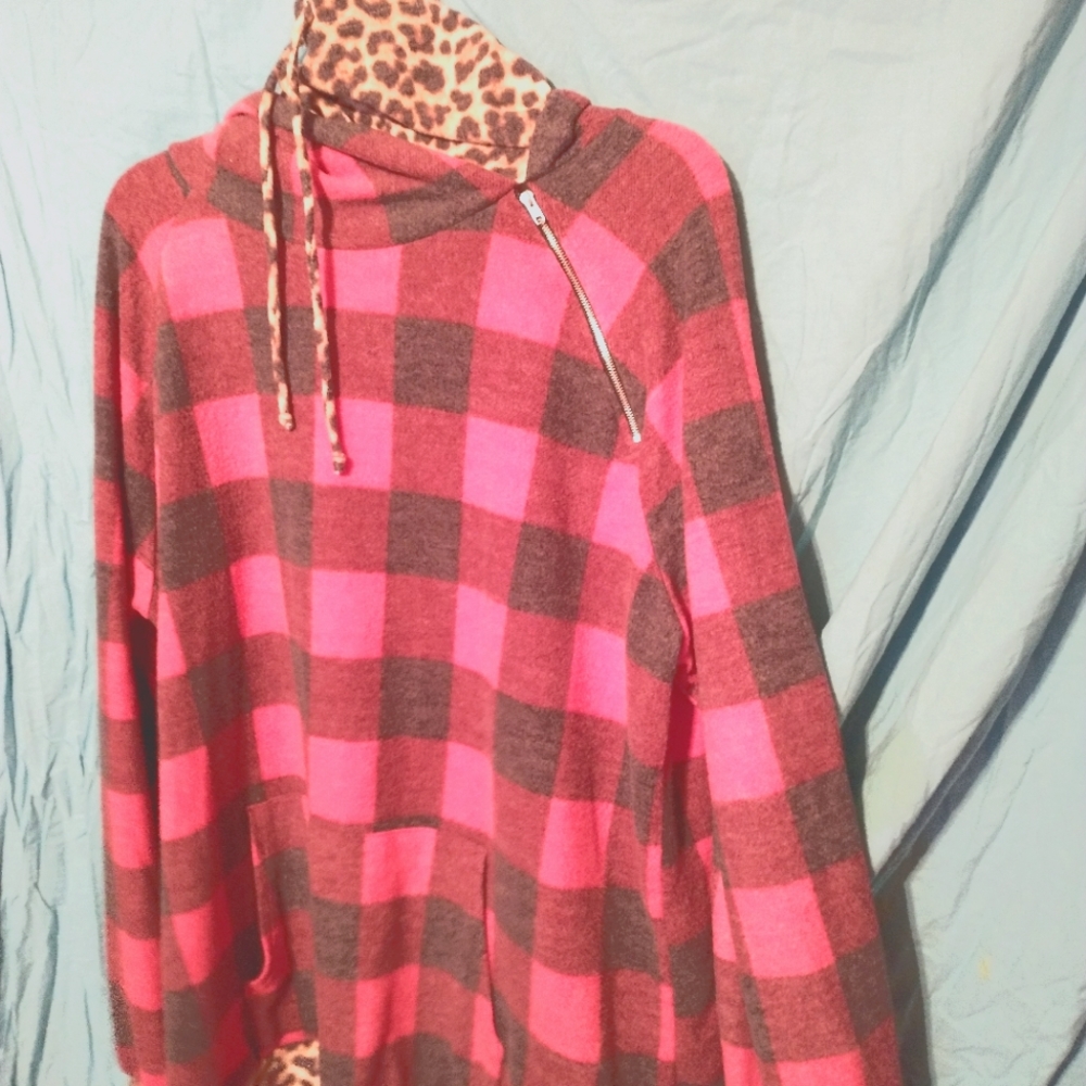 Women's Red Buffalo Check and Leopard Print Hooded